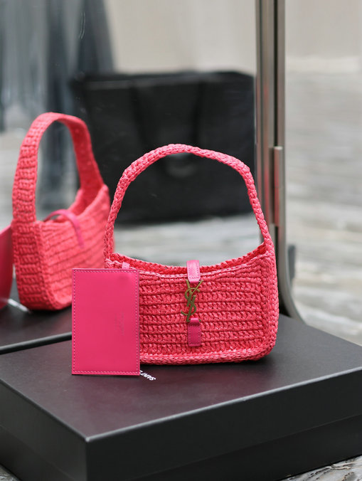 2023 cheap Saint Laurent Le 5 a 7 Mini Hobo Bag in Raffia Neon Pink