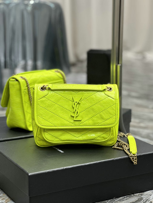 2023 cheap Saint Laurent Niki Baby Chain Bag in Neon Yellow Crinkled Lambskin
