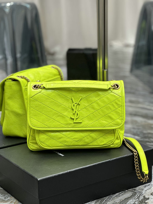 2023 cheap Saint Laurent Niki Medium Chain Bag in Neon Yellow Crinkled Lambskin