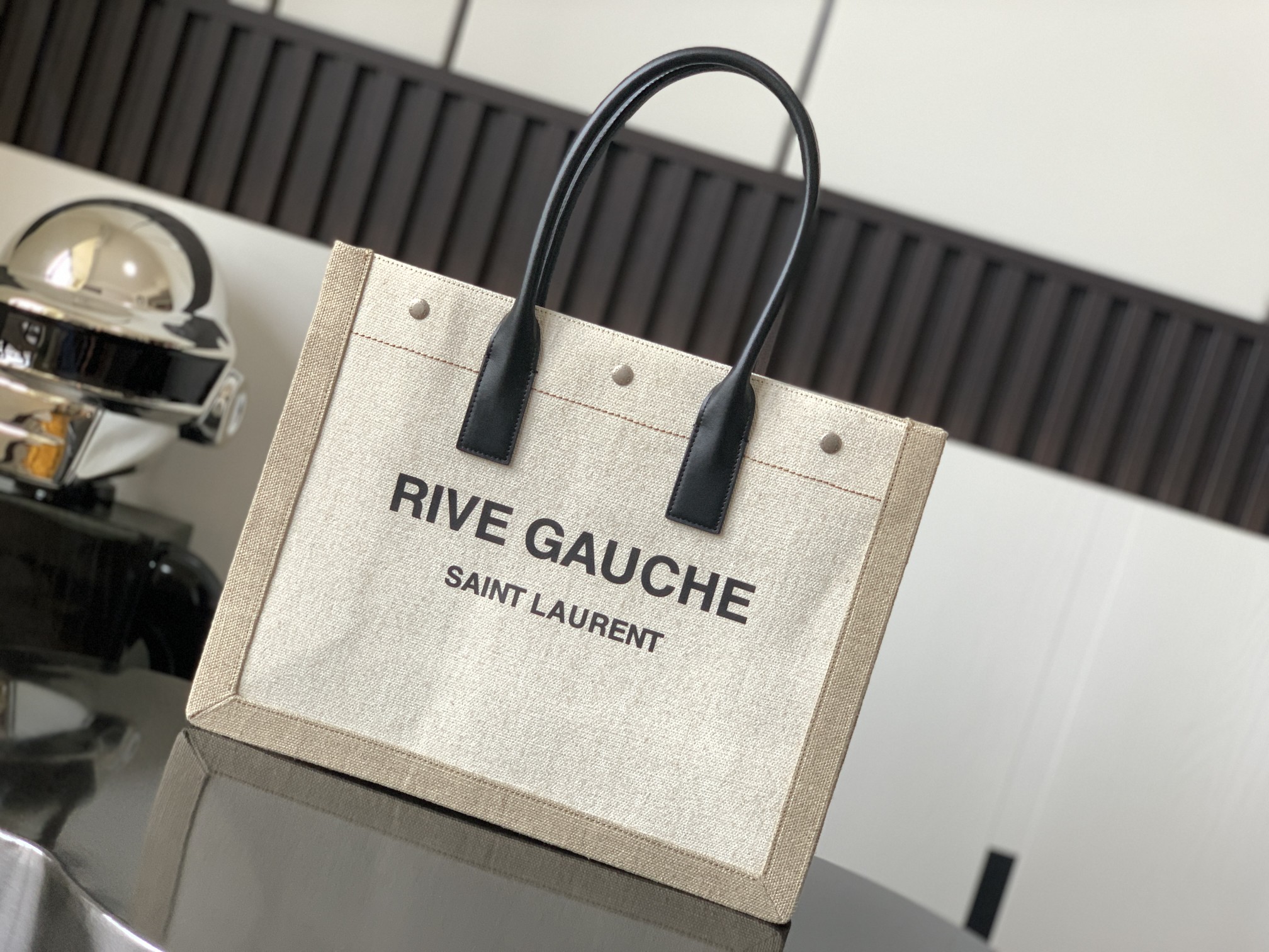 Saint Laurent Rive Gauche Tote Bag in Bicolor Linen and Black Leather