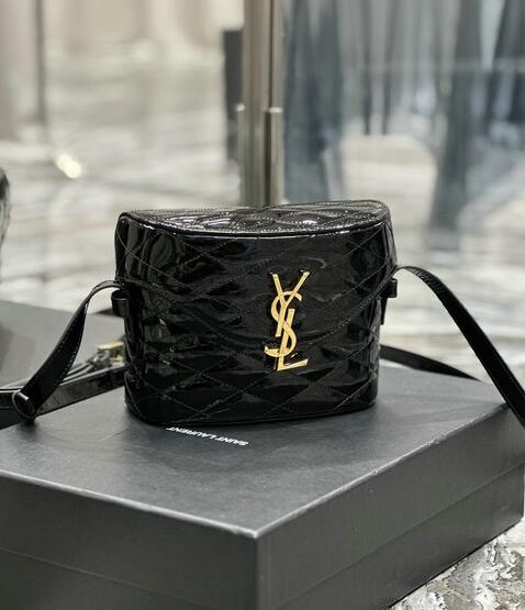 2022 cheap Saint Laurent June Box Bag in black patent leather