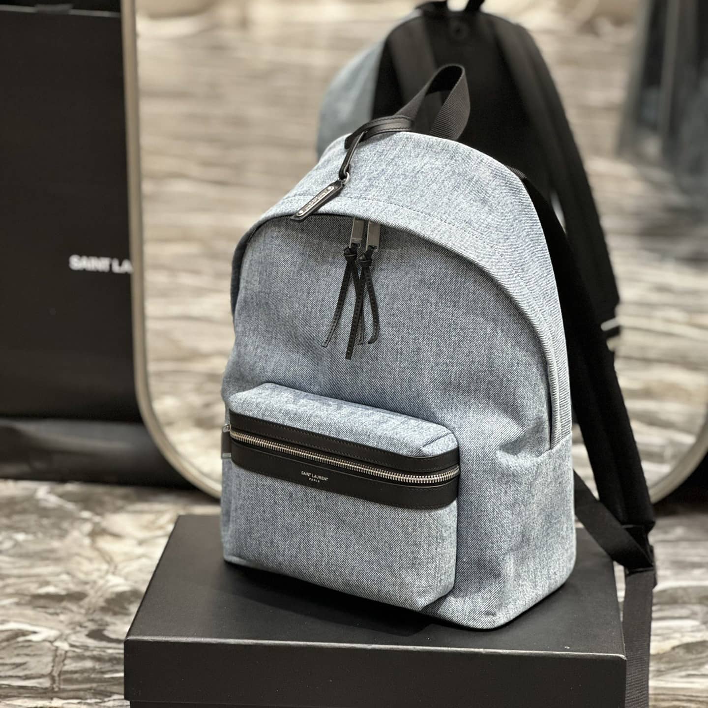 2022 cheap YSL city backpack in denim blue canvas
