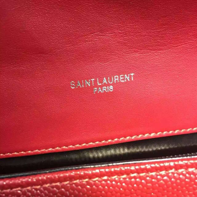 2015 New Saint Laurent Bag Cheap Sale-Saint Laurent Classic Monogram Satchel in Red Grain de Poudre Textured with Rivets - Click Image to Close