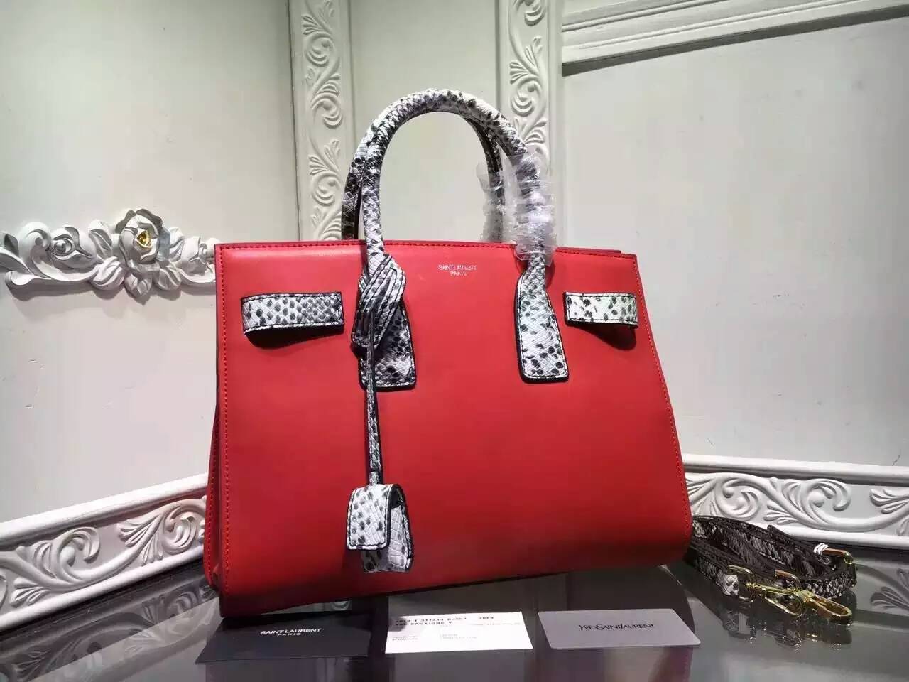2016 New Saint Laurent Bag Cheap Sale-Saint Laurent Classic Sac De Jour Bag in Red Calfskin and Python Embossed Leather - Click Image to Close