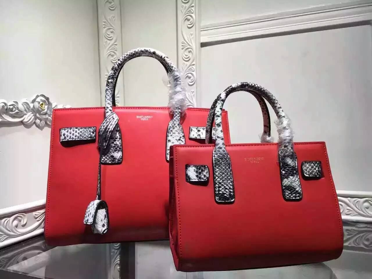 2016 New Saint Laurent Bag Cheap Sale-Saint Laurent Classic Sac De Jour Bag in Red Calfskin and Python Embossed Leather - Click Image to Close