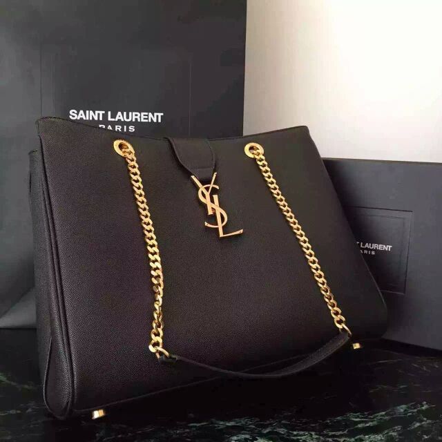 2015 New Saint Laurent Bag Cheap Sale-Saint Laurent Classic Monogram Shopping Bag in Black Grained Leather with Gold Chain