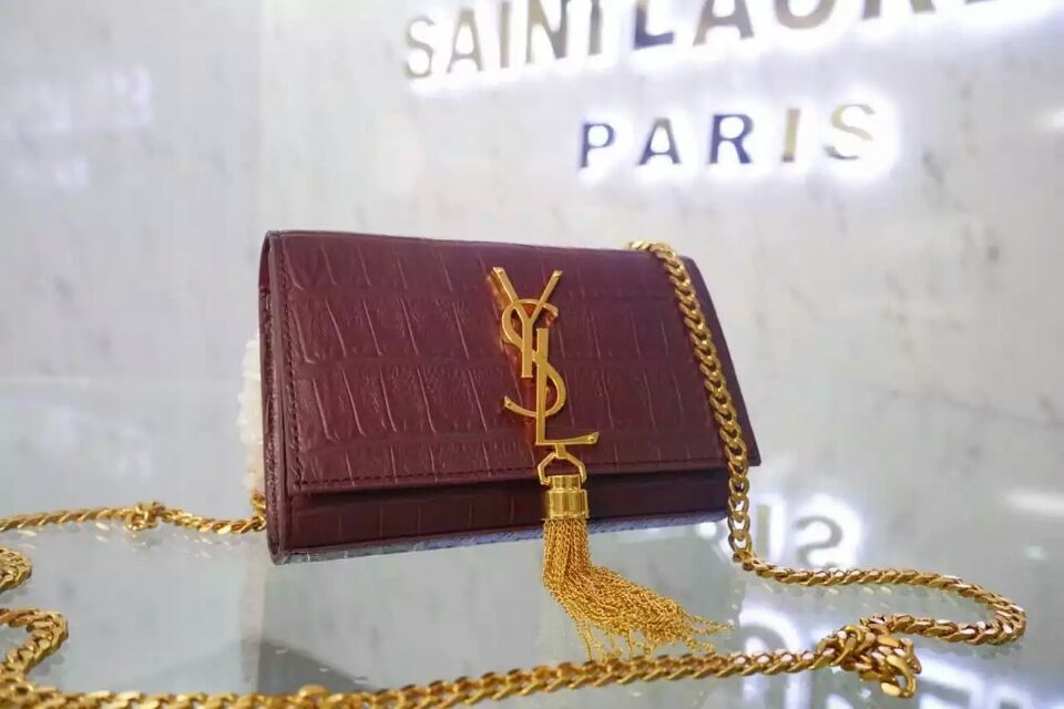 2015 New Saint Laurent Bag Cheap Sale-Small Monogram Saint Laurent Tassel Satchel in Burgundy Embossed Crocodile Leather - Click Image to Close
