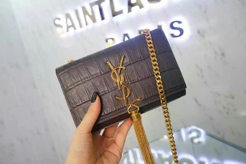 2015 New Saint Laurent Bag Cheap Sale-Small Monogram Saint Laurent Tassel Satchel in Grey Embossed Crocodile Leather