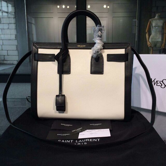 2015 New Saint Laurent Bag Cheap Sale- Saint Laurent CLASSIC SMALL SAC DE JOUR BAG IN Dove White and Black Leather