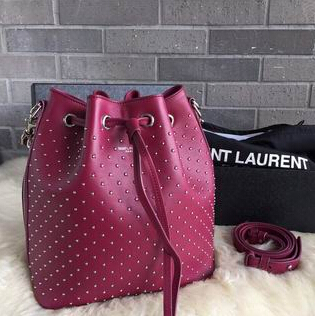 2015 New Saint Laurent Bag Cheap Sale-Saint Laurent Medium Emmanuelle Bucket Bag in Burgundy Leather and Silver-Toned Metal Studs