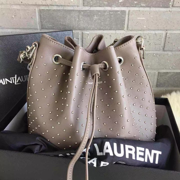 2015 New Saint Laurent Bag Cheap Sale-Saint Laurent Medium Emmanuelle Bucket Bag in Fog Leather and Silver-Toned Metal Studs - Click Image to Close