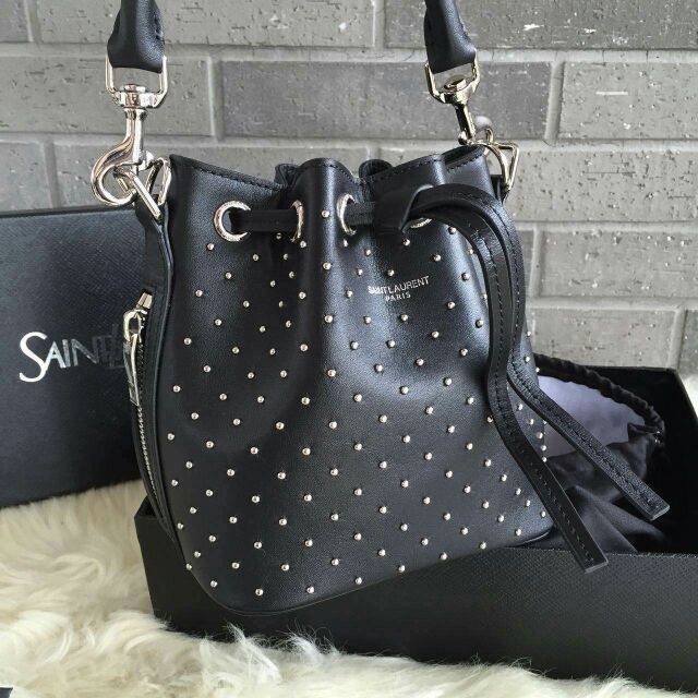 2015 New Saint Laurent Bag Cheap Sale-Saint Laurent Small Emmanuelle Bucket Bag in Black Leather and Silver-Toned Metal Studs