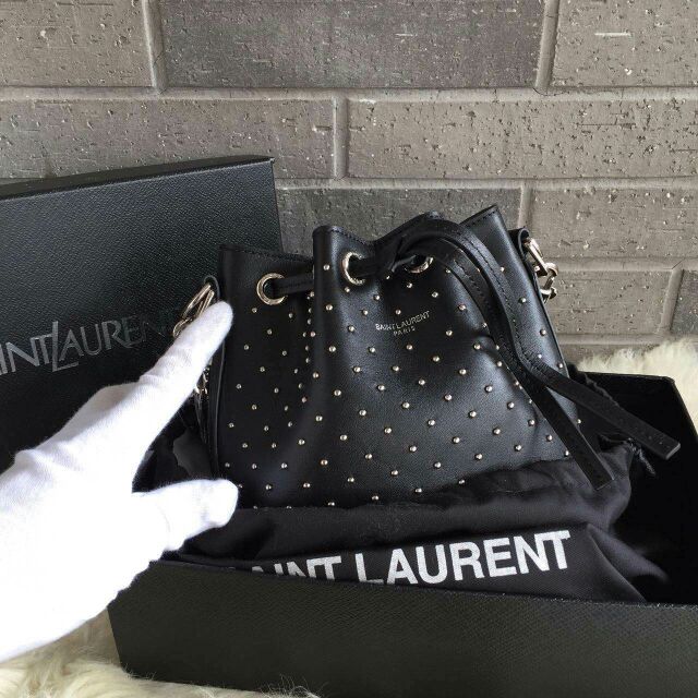 2015 New Saint Laurent Bag Cheap Sale-Saint Laurent Small Emmanuelle Bucket Bag in Black Leather and Silver-Toned Metal Studs - Click Image to Close