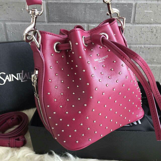 2015 New Saint Laurent Bag Cheap Sale-Saint Laurent Small Emmanuelle Bucket Bag in Burgundy Leather and Silver-Toned Metal Studs