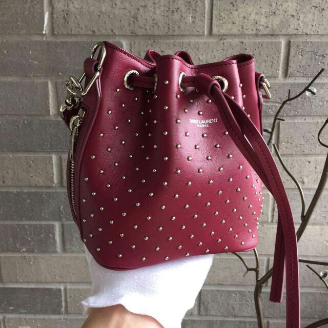 2015 New Saint Laurent Bag Cheap Sale-Saint Laurent Small Emmanuelle Bucket Bag in Burgundy Leather and Silver-Toned Metal Studs - Click Image to Close