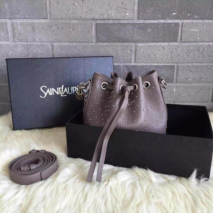 2015 New Saint Laurent Bag Cheap Sale-Saint Laurent Small Emmanuelle Bucket Bag in Fog Leather and Silver-Toned Metal Studs - Click Image to Close