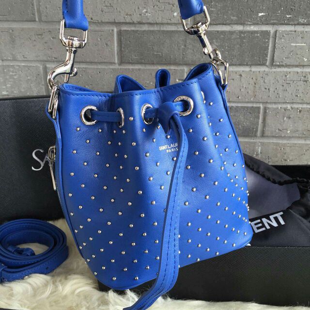 2015 New Saint Laurent Bag Cheap Sale-Saint Laurent Small Emmanuelle Bucket Bag in Royal Blue Leather and Silver-Toned Metal Studs