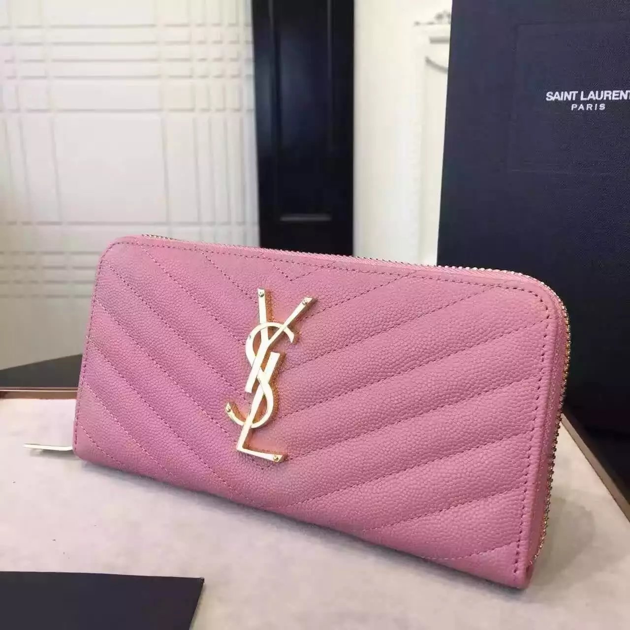 2016 Cheap YSL Out Sale with Free Shipping-Saint Laurent Monogram Zip Around Wallet in Pink Grain De Poudre Matelasse Textured Leather - Click Image to Close