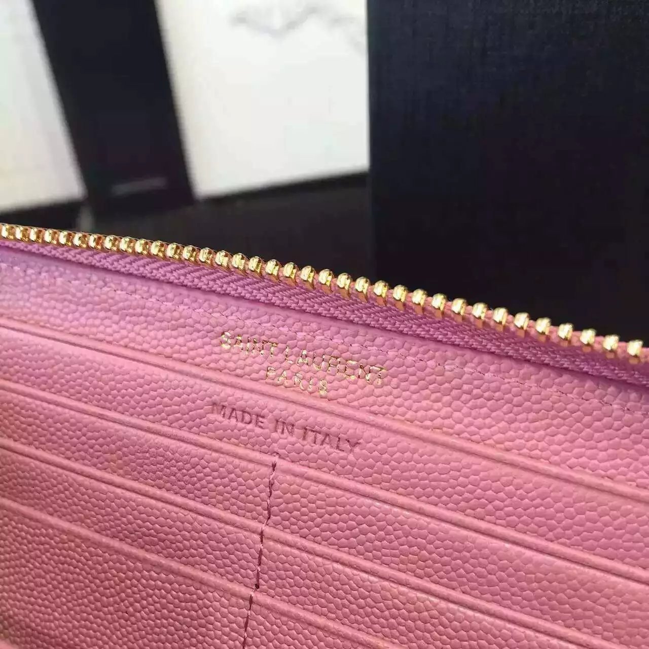 2016 Cheap YSL Out Sale with Free Shipping-Saint Laurent Monogram Zip Around Wallet in Pink Grain De Poudre Matelasse Textured Leather - Click Image to Close