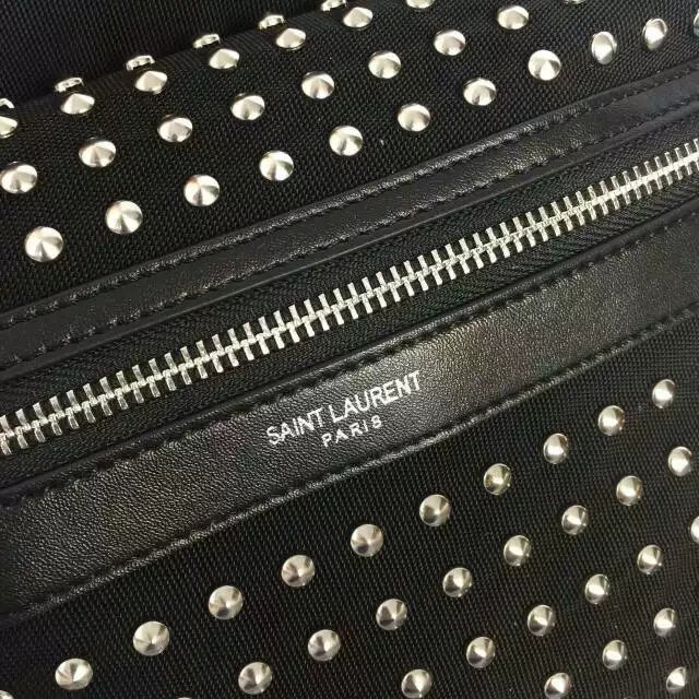 2016 Saint Laurent Bags Cheap Sale-Saint Laurent Classic Hunting Backpack in Black Cotton Canvas, Leather and Oxidized Nickel Studs - Click Image to Close