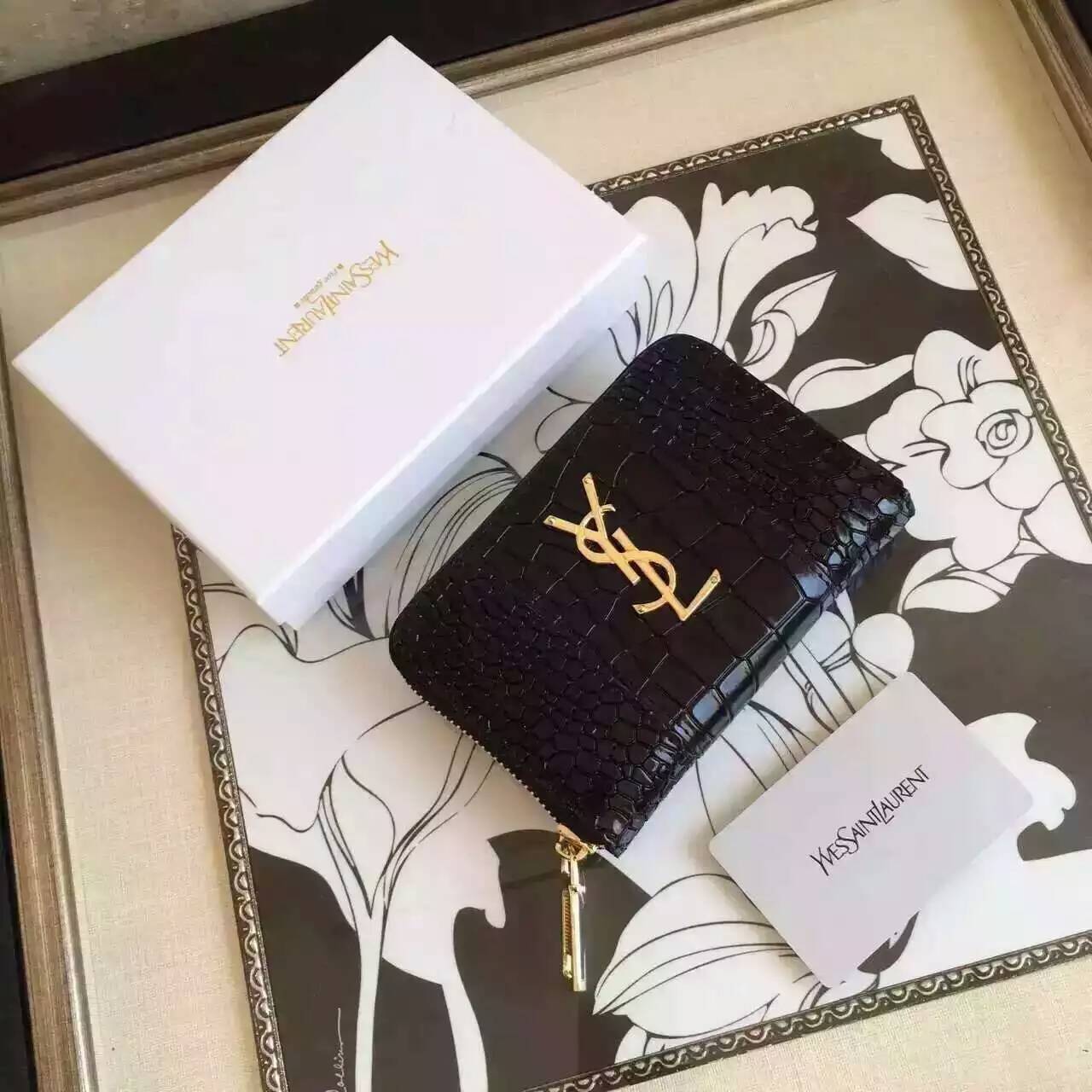 YSL Spring 2016 Collection Outlet-Saint Laurent Small Monogram Zip Around Wallet in Black Crocodile Embossed Leather