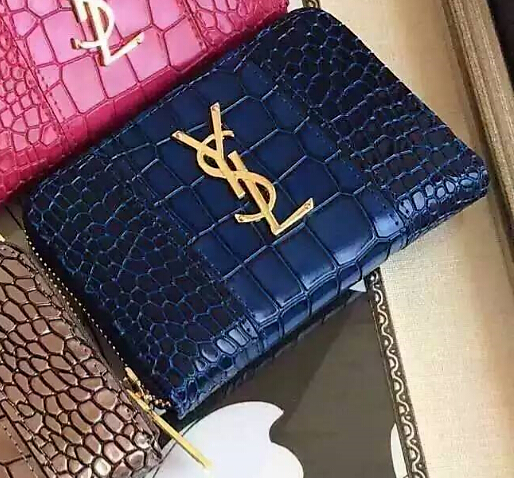 YSL Spring 2016 Collection Outlet-Saint Laurent Small Monogram Zip Around Wallet in Blue Crocodile Embossed Leather