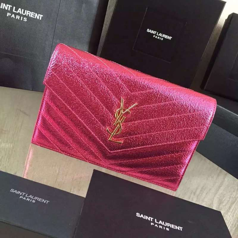 2016 Cheap YSL Out Sale with Free Shipping-Saint Laurent Monogram Envelope Chain Wallet in Lipstick Fuchsia Grained Matelasse Metallic Leather - Click Image to Close
