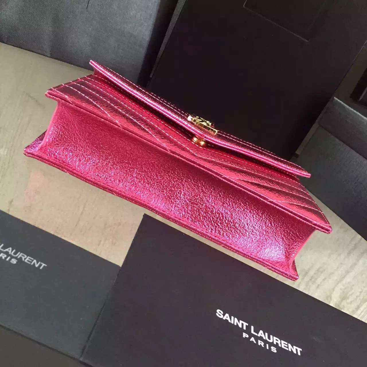 2016 Cheap YSL Out Sale with Free Shipping-Saint Laurent Monogram Envelope Chain Wallet in Lipstick Fuchsia Grained Matelasse Metallic Leather - Click Image to Close