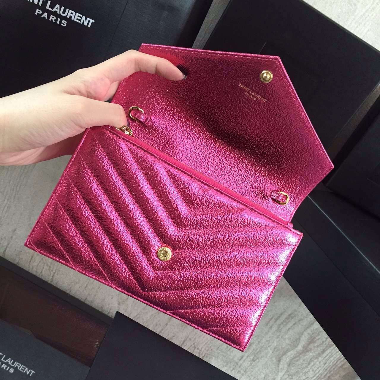 2016 Cheap YSL Out Sale with Free Shipping-Saint Laurent Monogram Envelope Chain Wallet in Lipstick Fuchsia Grained Matelasse Metallic Leather