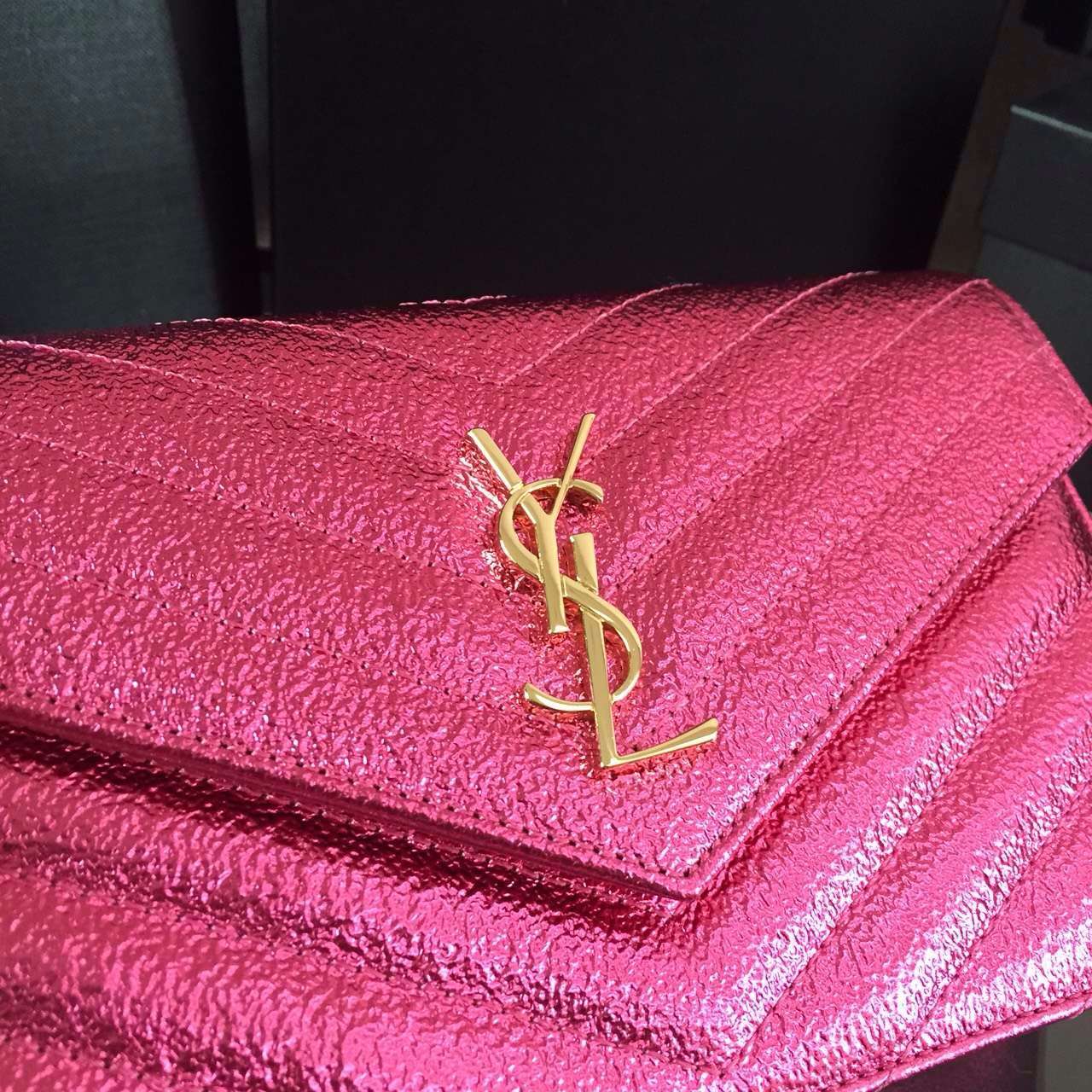 2016 Cheap YSL Out Sale with Free Shipping-Saint Laurent Monogram Envelope Chain Wallet in Lipstick Fuchsia Grained Matelasse Metallic Leather