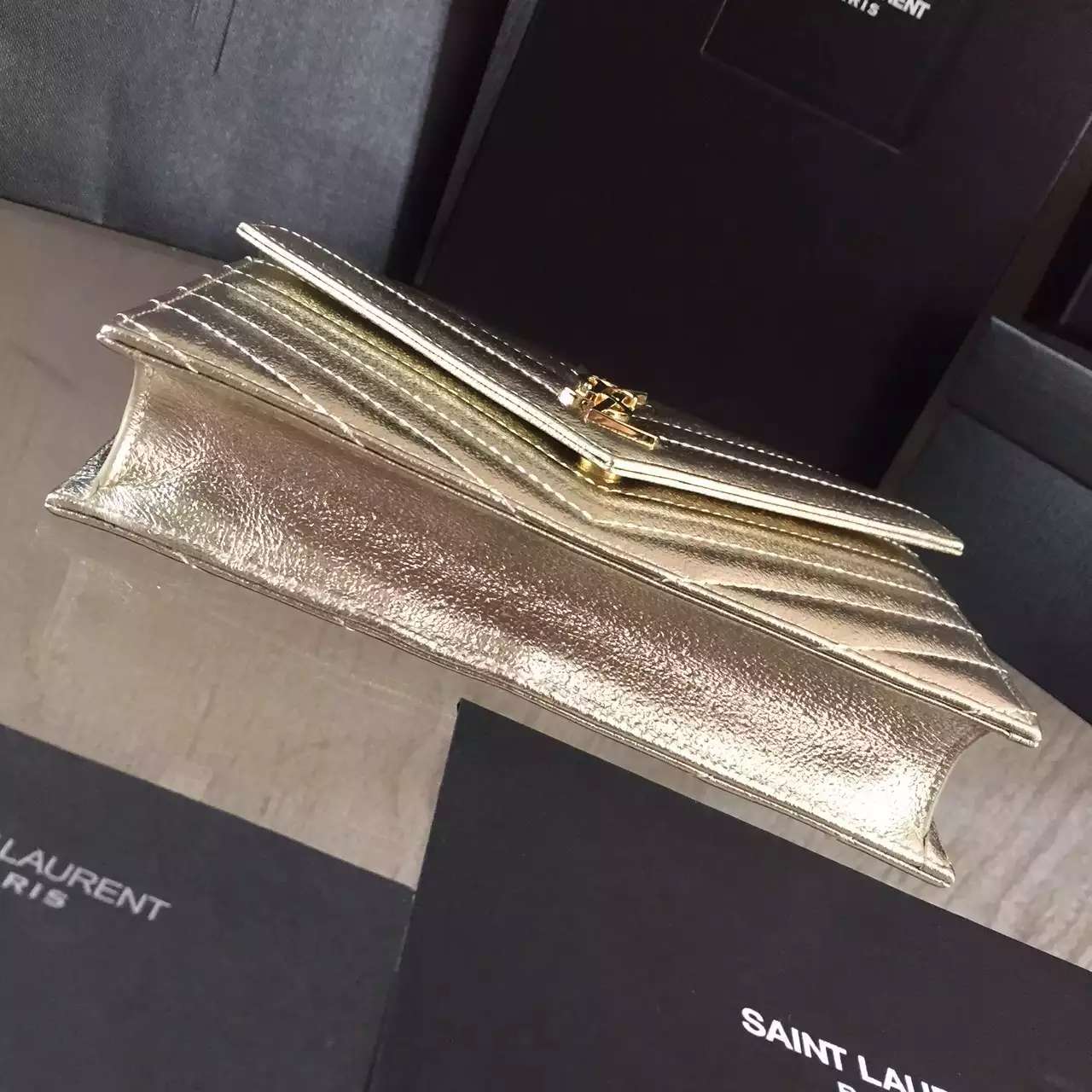 2016 Cheap YSL Out Sale with Free Shipping-Saint Laurent Monogram Envelope Chain Wallet in Pale Gold Grained Matelasse Metallic Leather - Click Image to Close