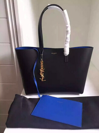 2015 New Saint Laurent Bag Cheap Sale-Saint Laurent Shopping Tote in Black Leather with Blue Lining