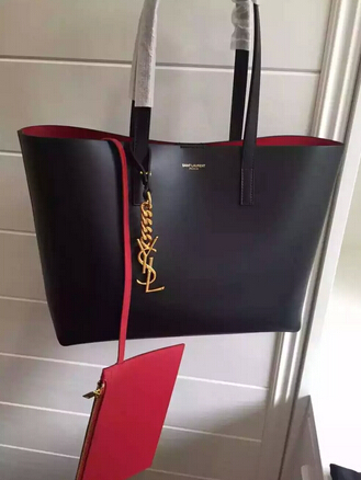 2015 New Saint Laurent Bag Cheap Sale-Saint Laurent Shopping Tote in Black Leather with Red Lining