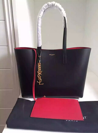 2015 New Saint Laurent Bag Cheap Sale-Saint Laurent Shopping Tote in Black Leather with Red Lining - Click Image to Close