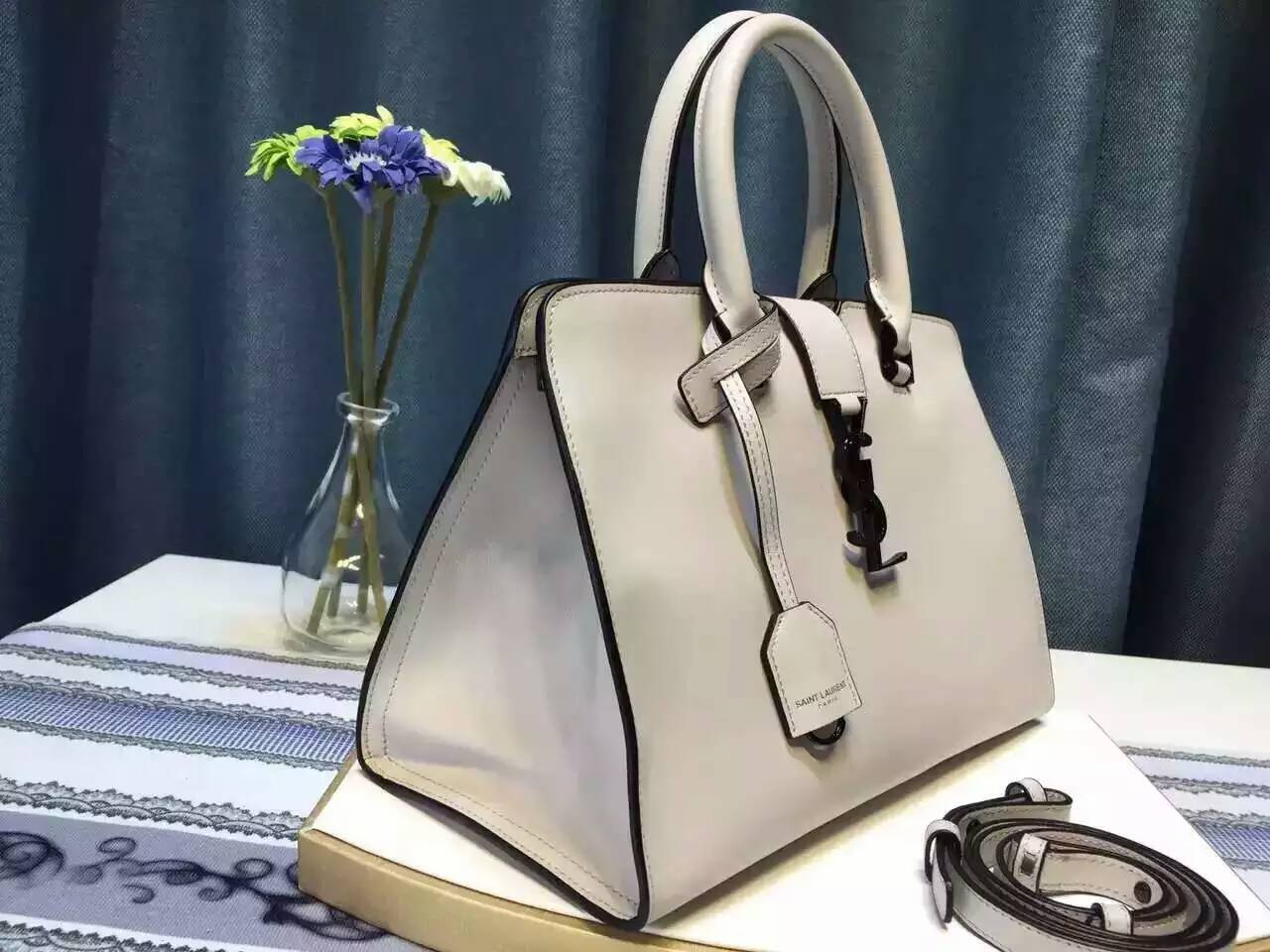 S/S 2016 New Saint Laurent Bag Cheap Sale-Saint Laurent Small Monogram Cabas Bag in Dove White and Black Leather - Click Image to Close