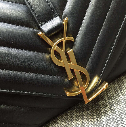 2015 Cheap YSL Outsale with Free Shipping-Saint Laurent Classic Baby Monogram Satchel in Black Matelasse Leather with Gold Hardware - Click Image to Close