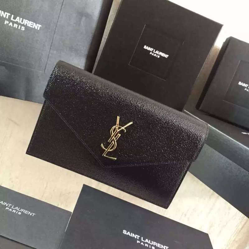 2016 Cheap YSL Out Sale with Free Shipping-Saint Laurent Monogram Envelope Chain Wallet in Black Grain Leather