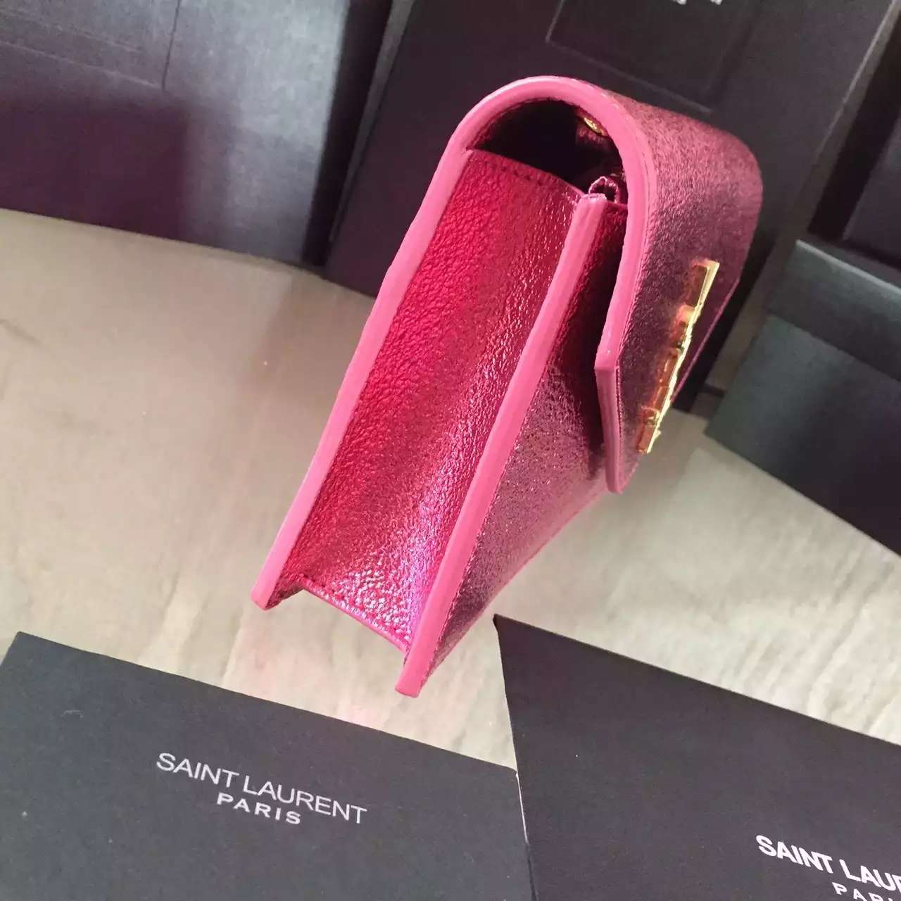 2016 Cheap YSL Out Sale with Free Shipping-Saint Laurent Monogram Envelope Chain Wallet in Lipstick Fuchsia Grain Leather - Click Image to Close