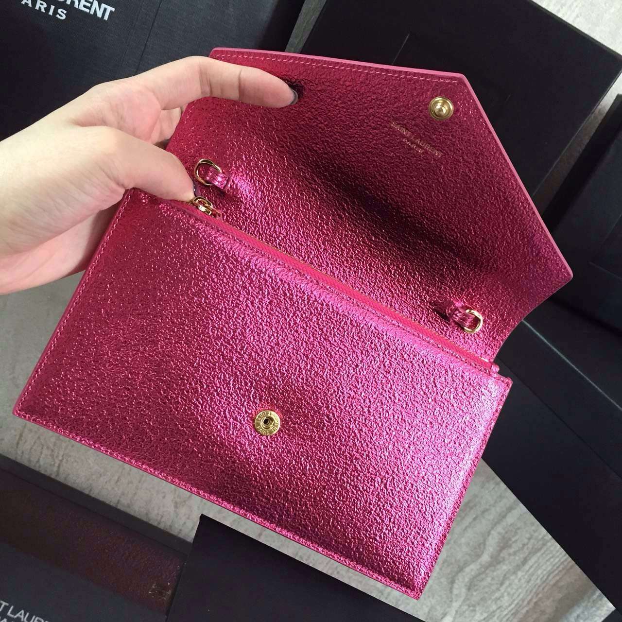 2016 Cheap YSL Out Sale with Free Shipping-Saint Laurent Monogram Envelope Chain Wallet in Lipstick Fuchsia Grain Leather - Click Image to Close