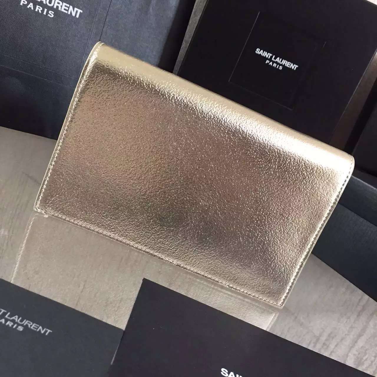 2016 Cheap YSL Out Sale with Free Shipping-Saint Laurent Monogram Envelope Chain Wallet in Metallic Grain Leather - Click Image to Close