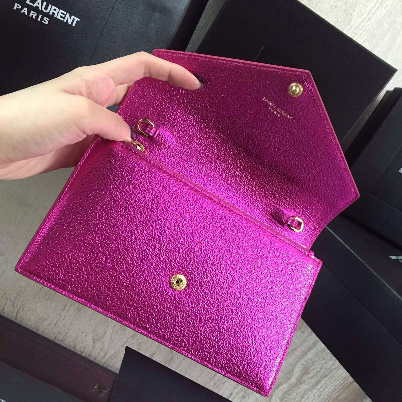 2016 Cheap YSL Out Sale with Free Shipping-Saint Laurent Monogram Envelope Chain Wallet in Rose Grain Leather - Click Image to Close
