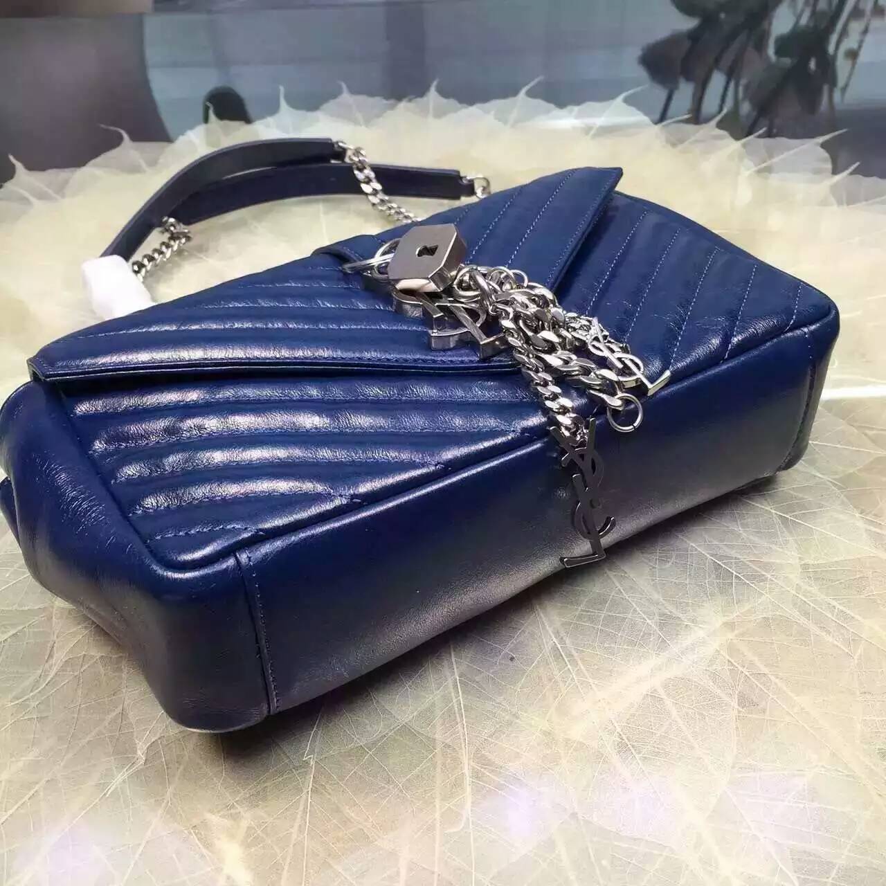 2016 Cheap YSL Out Sale with Free Shipping-Saint Laurent Classic Medium Baby Monogram Satchel in Blue Matelasse Leather Silver - Click Image to Close