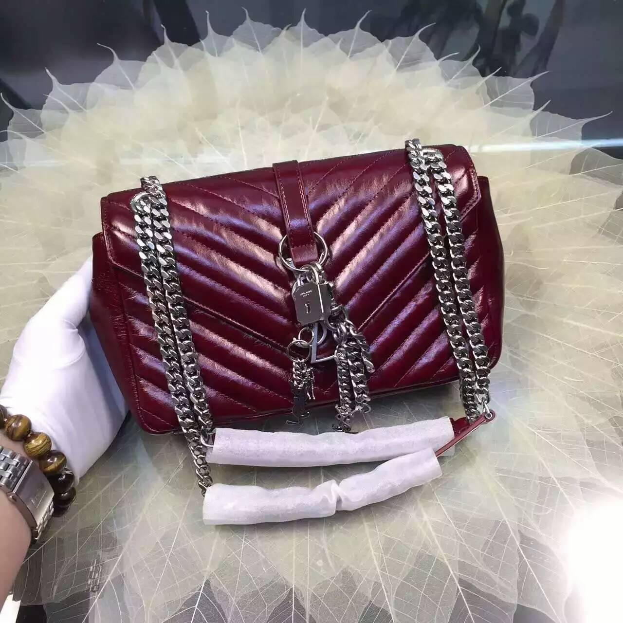 2016 Cheap YSL Out Sale with Free Shipping-Saint Laurent Classic Medium Baby Monogram Satchel in Bordeaux Matelasse Leather Silver