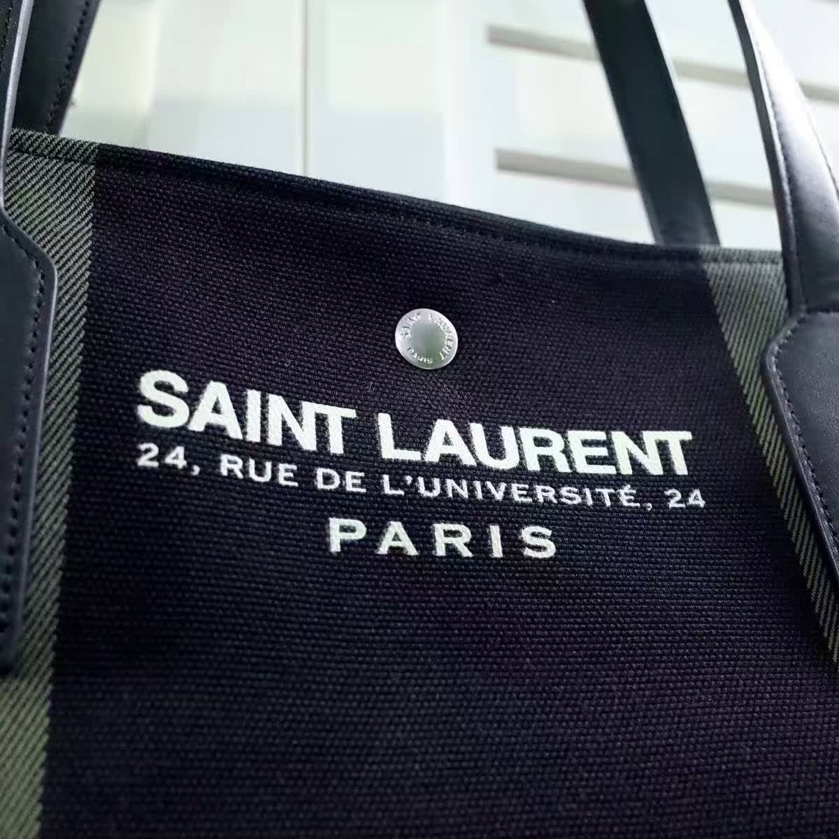 Limited Edition!2016 Cheap YSL Out Sale with Free Shipping-Saint Laurent Beach Shopping East/West Tote Bag in Black and Khaki Canvas and Black Leather - Click Image to Close