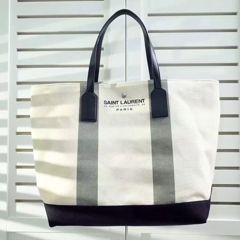 Limited Edition!2016 Cheap YSL Out Sale with Free Shipping-Saint Laurent Beach Shopping East/West Tote Bag in Light Beige and Khaki Canvas and Black Leather