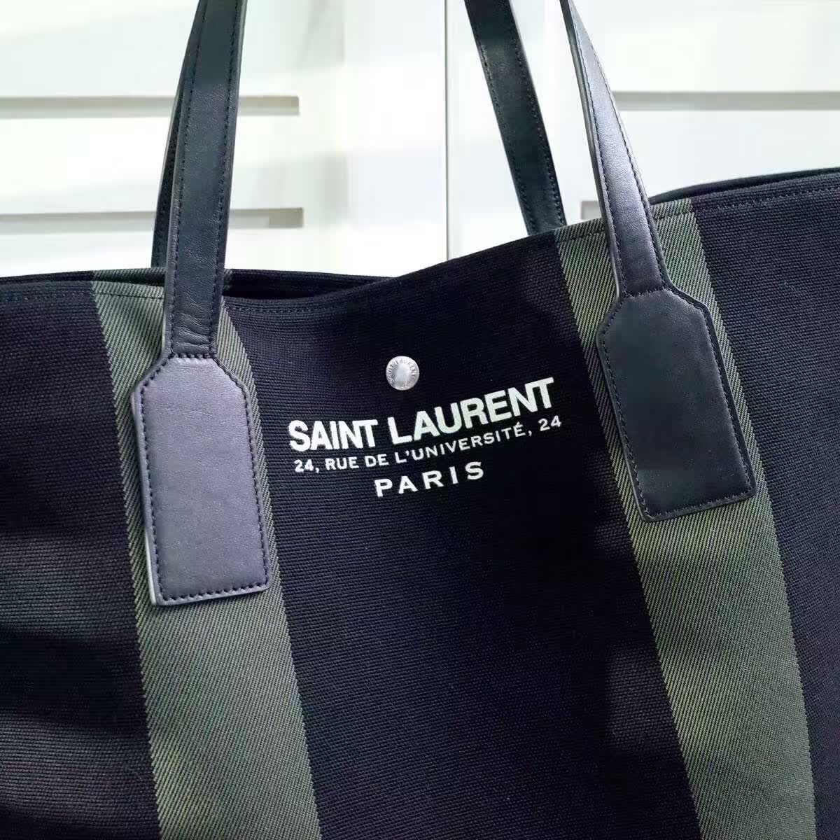 Limited Edition!2016 Cheap YSL Out Sale with Free Shipping-Saint Laurent Beach Shopping East/West Tote Bag in Black and Khaki Canvas and Black Leather - Click Image to Close