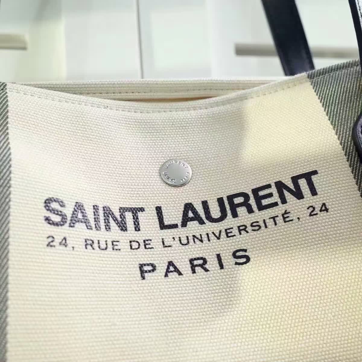 Limited Edition!2016 Cheap YSL Out Sale with Free Shipping-Saint Laurent Beach Shopping East/West Tote Bag in Light Beige and Khaki Canvas and Black Leather - Click Image to Close