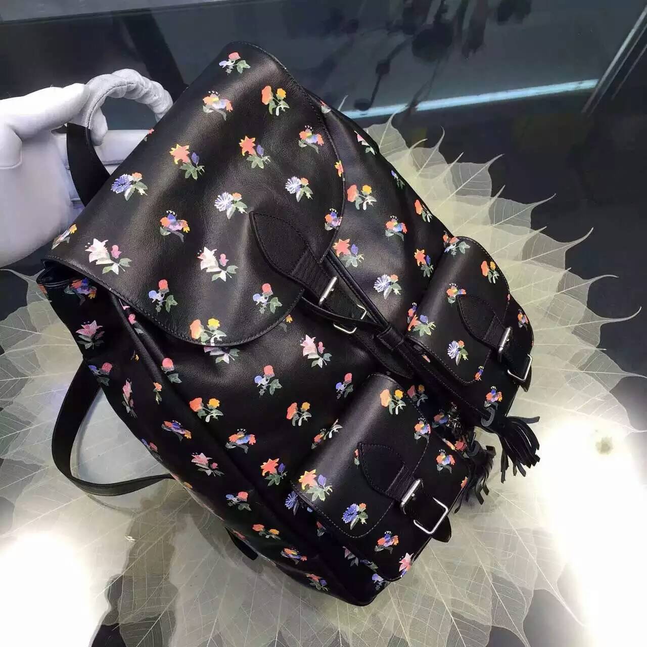 2016 New Saint Laurent Bag Cheap Sale-Saint Laurent Festival Backpack in Black and Multicolor Prairie Flower Printed Leather - Click Image to Close