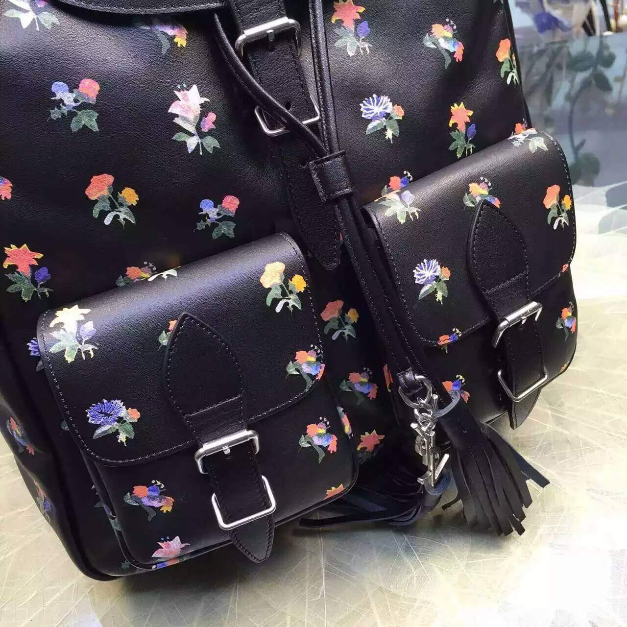 2016 New Saint Laurent Bag Cheap Sale-Saint Laurent Festival Backpack in Black and Multicolor Prairie Flower Printed Leather - Click Image to Close