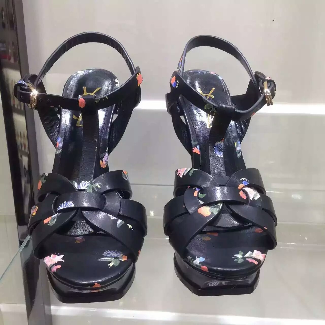 2016 Saint Laurent Shoes Cheap Sale-Saint Laurent Jodie 105 Strappy Sandal in Black and Multicolor Prairie Flower Printed Leather - Click Image to Close
